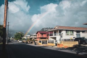 Rainbow over houses