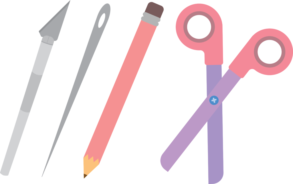 Vector Tools with x-acto knife, needle, pencil, and scissors
